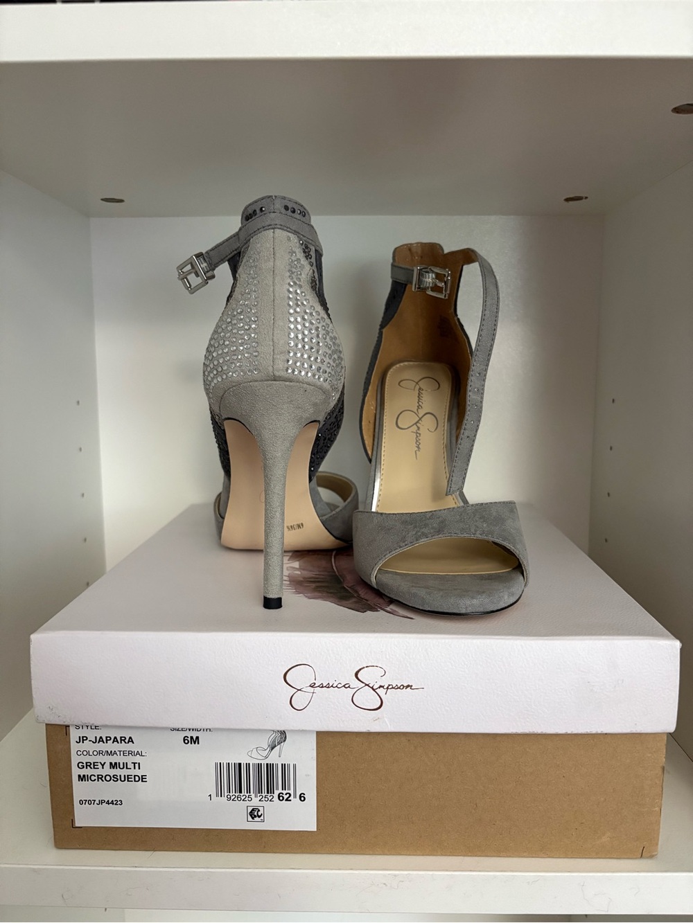 Jessica Simpson Grey Suede Crystal-Embellished Ankle-Strap Heels